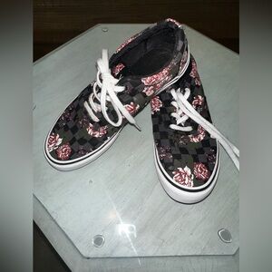 Black checkered Vans with floral Women/kids size 5.5Y